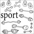 Sports eq,sports, tools for doing sports, dumbbells, barbells, kettlebells, strength training, swing the body,  illustration Royalty Free Stock Photo